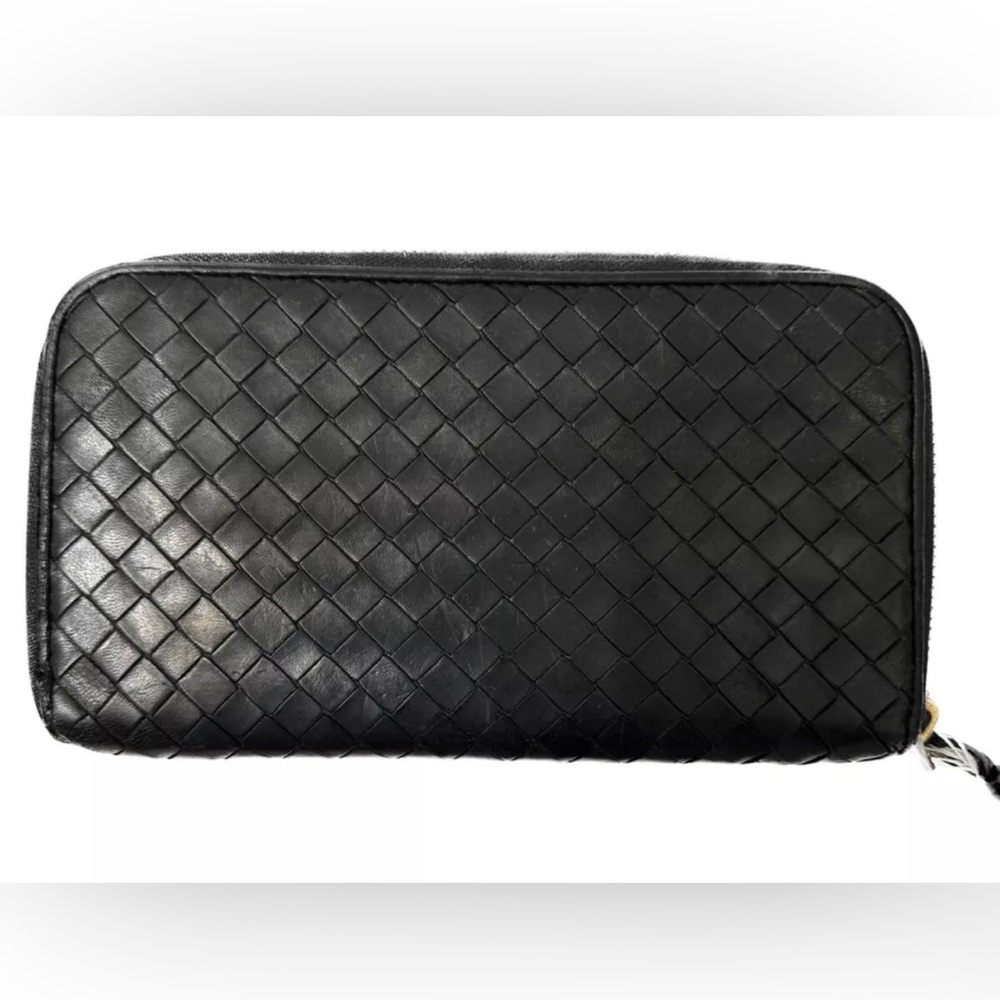 AUTHENTIC Bottega Veneta ​Intrecciato Black Leather Zip-Around Long Wallet